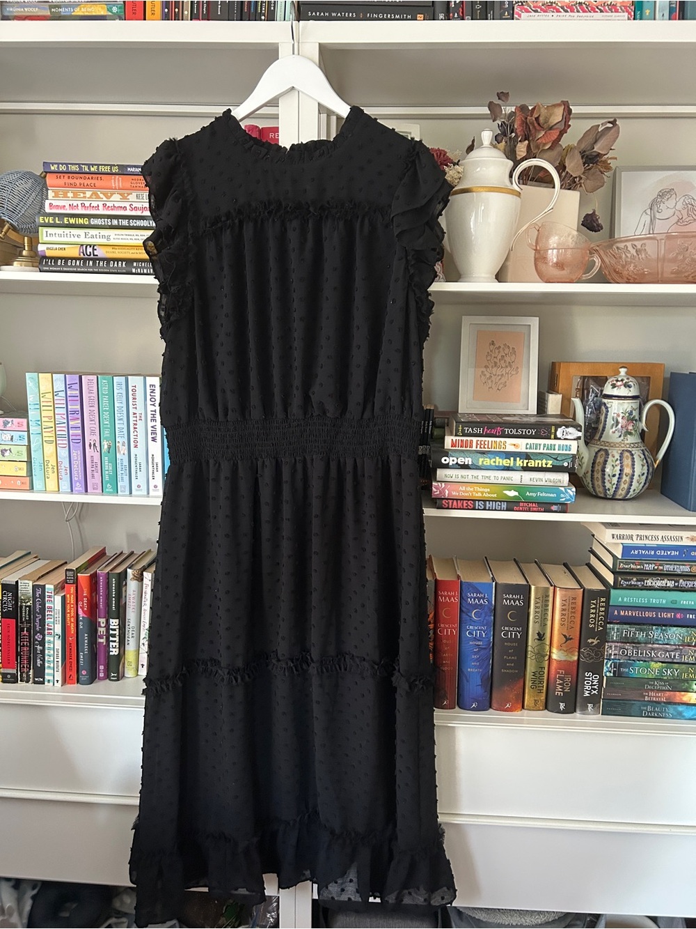 CeCe Black Ruffled Swiss Dot Midi Dress